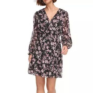 DKNY Women's Long Sleeve V-Neck Floral Print Fit and Flare Dress 6